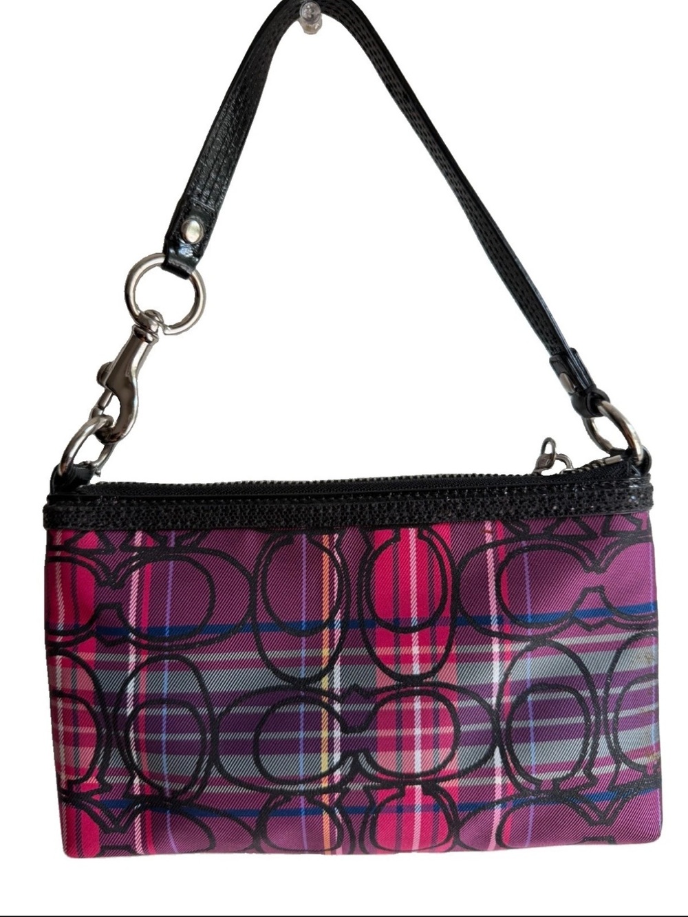 Coach Poppy Tartan Plaid Graffiti Wristlet Mini Bag Y2K Pink Purple - Picture 3 of 14
